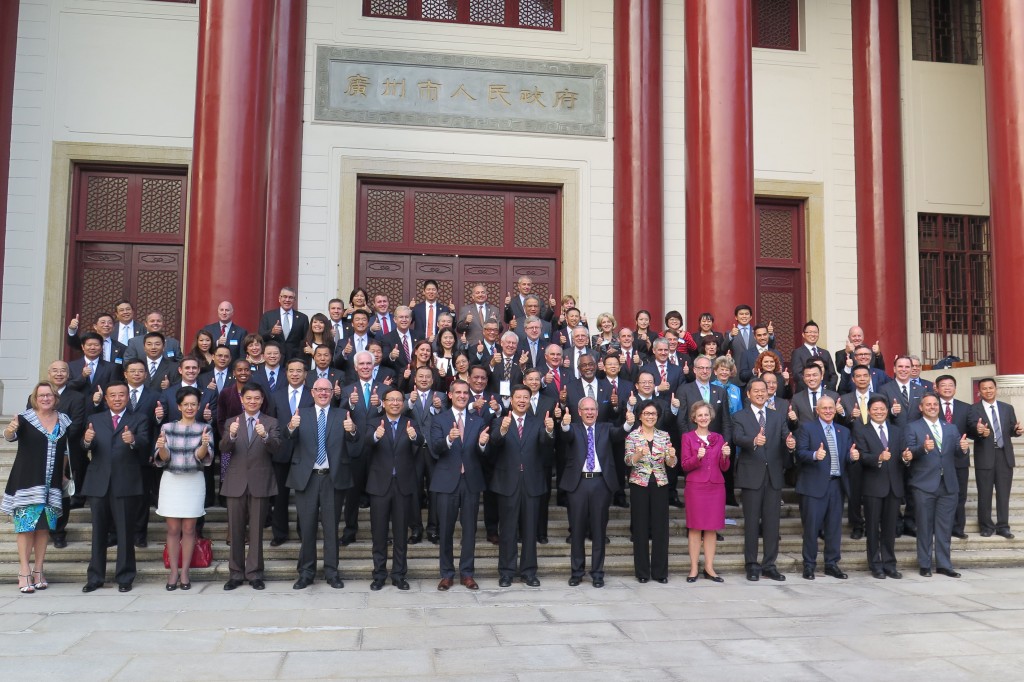 Delegations from Los Angeles, Guangzhou and Auckland join their mayors in celebrating the signing of an historic Tri-partite Economic Cooperation Agreement at Guangzhou City Hall on Nov. 16, 2014