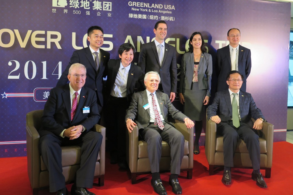 LAEDC CEO Bill Allen and world trade committee co-chair Les Gold celebrate the progress of Downtown LA's Metropolis project with Greenland USA CEO I Fei Chang and her colleagues at their Shanghai headquarters. Nov 19, 2014