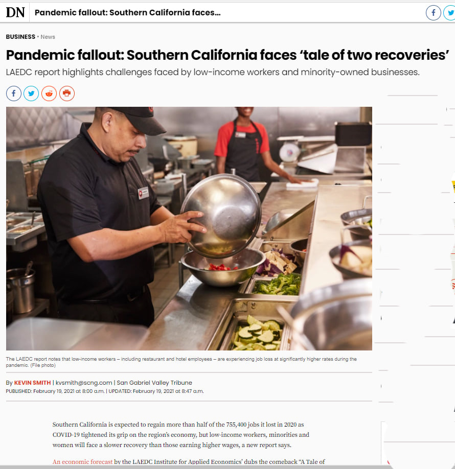 Pandemic fallout: Southern California faces ‘tale of two recoveries’ – LAEDC Economic Forecast in LA Daily News, 10 sister newspapers