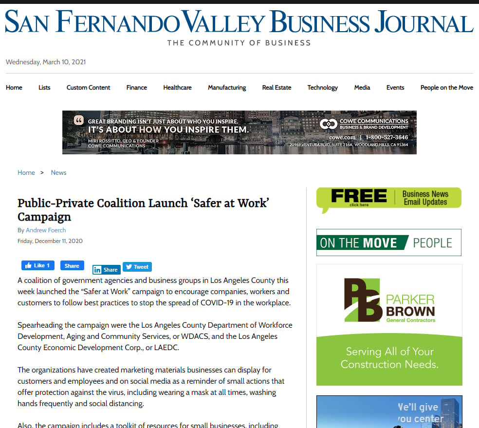 SFV Business Journal: Public-Private Coalition Launch ‘Safer at Work’ Campaign (LAEDC recognized))