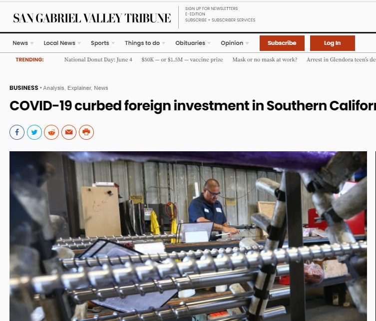 WTCLA & LAEDC report on Foreign Direct Investment covered in 11 newspapers of SoCal News Group