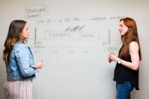 Two women working at a dry erase board, talking to each other.