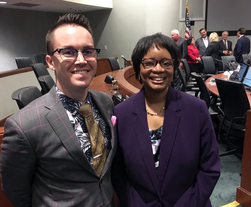 Stephanie Wiggins, CEO of Metrolink says hello to LAEDC's Tyler Laferriere after the Metrolink board meeting, Dec 13, 2019